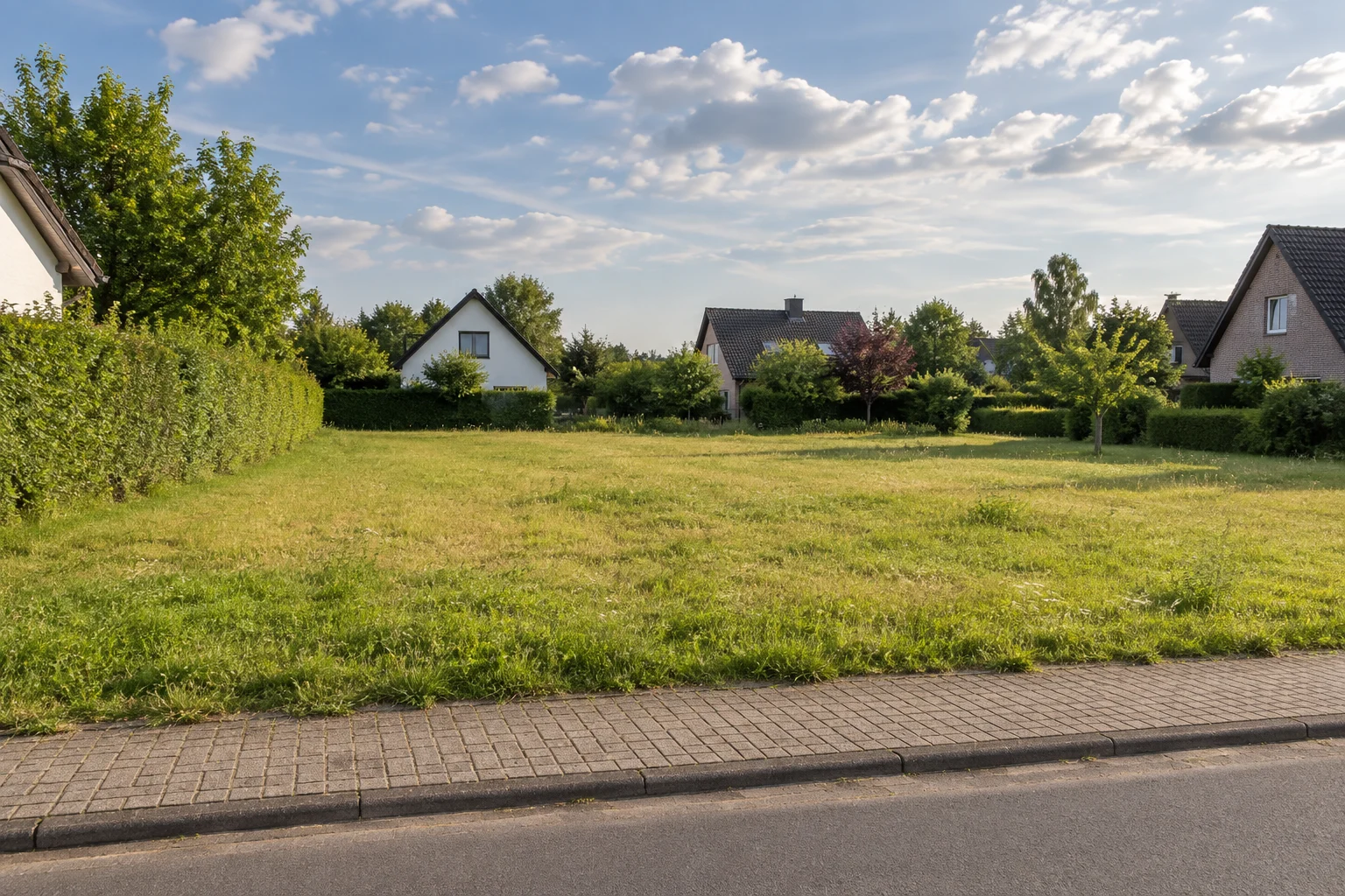 Unbebaute Grünfläche an einer Wohnstraße mit Hecke und zurückliegenden Wohnhäusern.